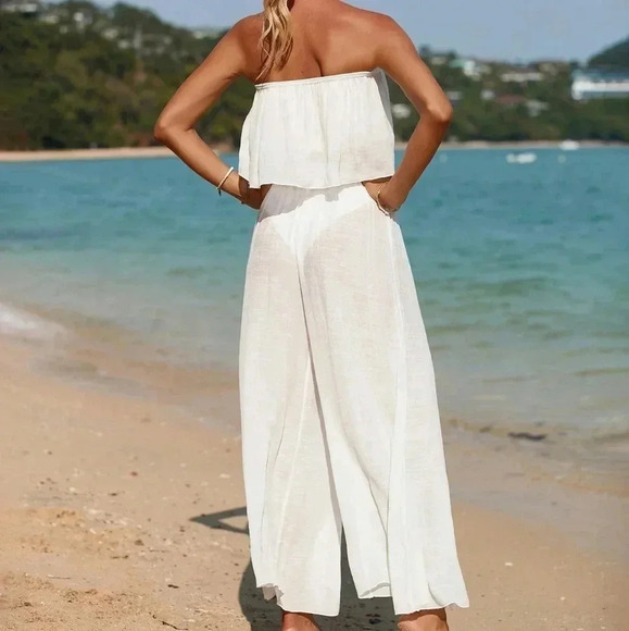 Beach Solid Color Strapless Top And Cover Up Wide Leg Pants - Picture 4 of 5
